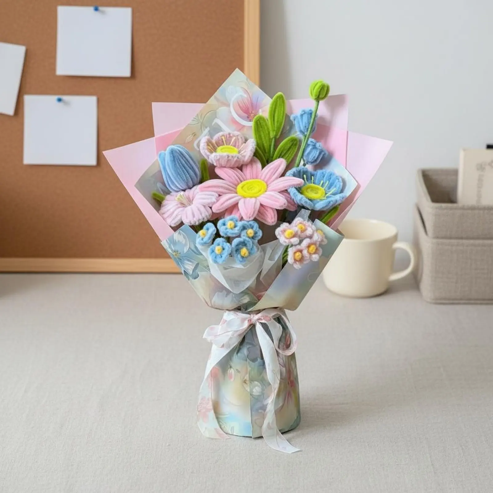 

Handmade Floral Sun Arrangement Ready-to-Gift Packaging Pipe Cleaner Arrangement Chenille Stem Flowers Macaron Colors Soft
