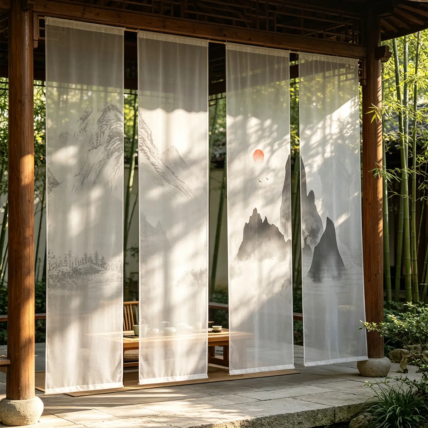 Zen Ink Wash Landscape Hanging Room Divider – Semi Transparent Sheer Gauze Curtain for Tea Room Study Courtyard Yoga Spa Decor