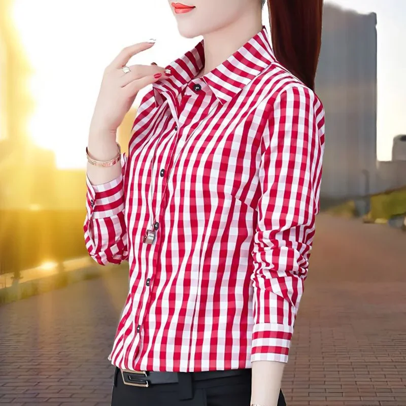 

Fashion Lapel Button Loose Korean Lattice Shirt Female Clothing New Oversized Casual Tops All-match Commute Blouse ZL249