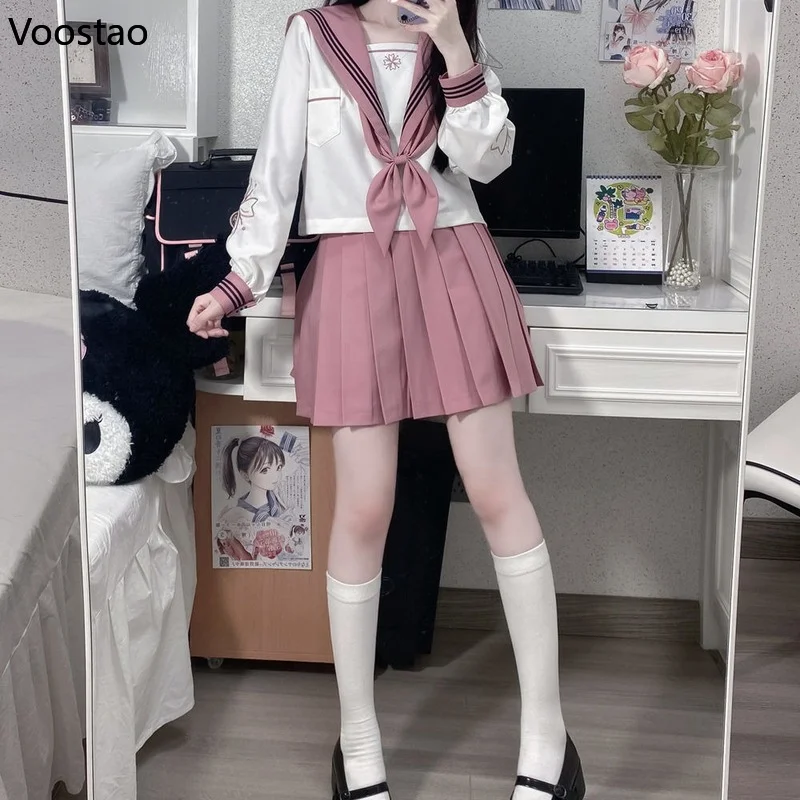 Japanese Kawaii School Uniform Student Flower Embroidery Blouses Pleated Skirt Full Set Girl Harajuku Sexy JK Uniforms for Women