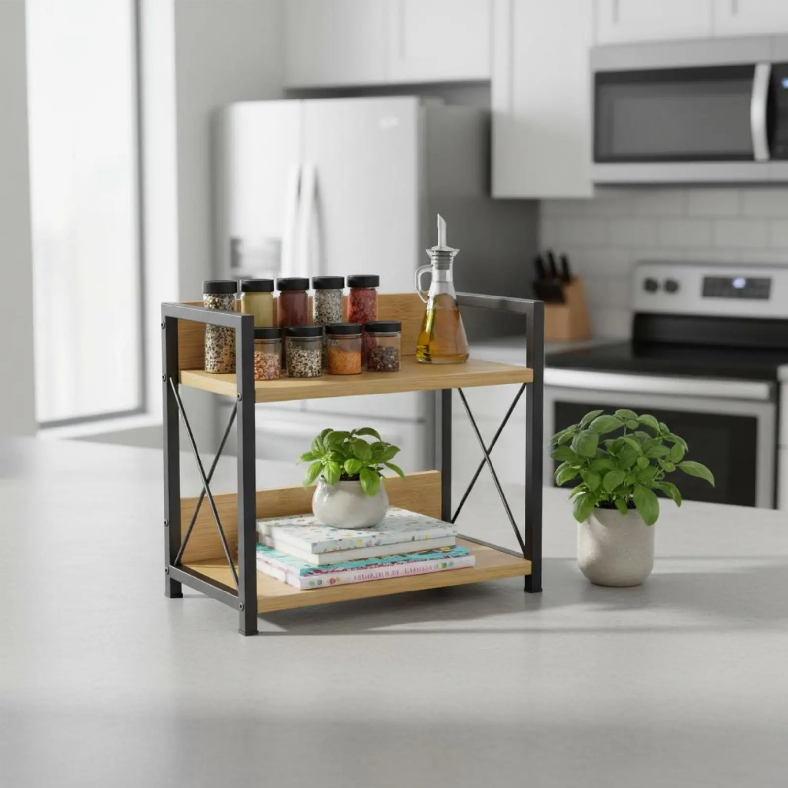 Wood and Metal Seasoning Rack Easy to Install 2-Tier Counter Organizer Bathroom Vanity Shelf X-Shaped Design for Kitchen