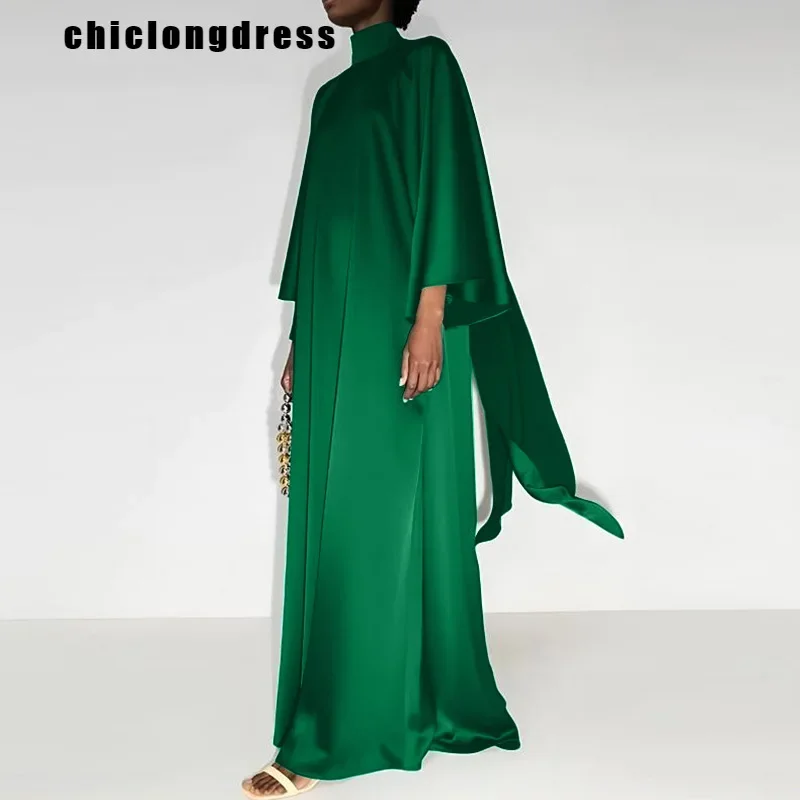 Spring Fashion Satin Robe Dress Muslim Women Elegant Solid Round Neck Long Sleeve Loose Satin Dress Women