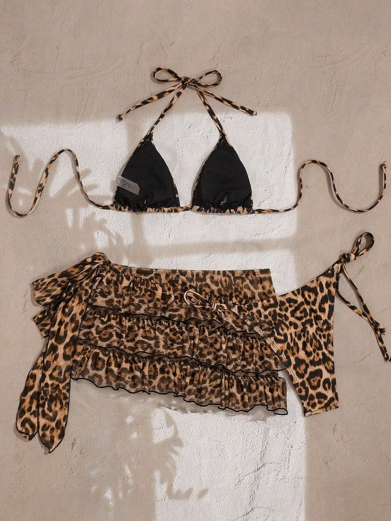 

Leopard Print Halter Tie Triangle Bikini Set With Ruffle Trim Mini Skirt