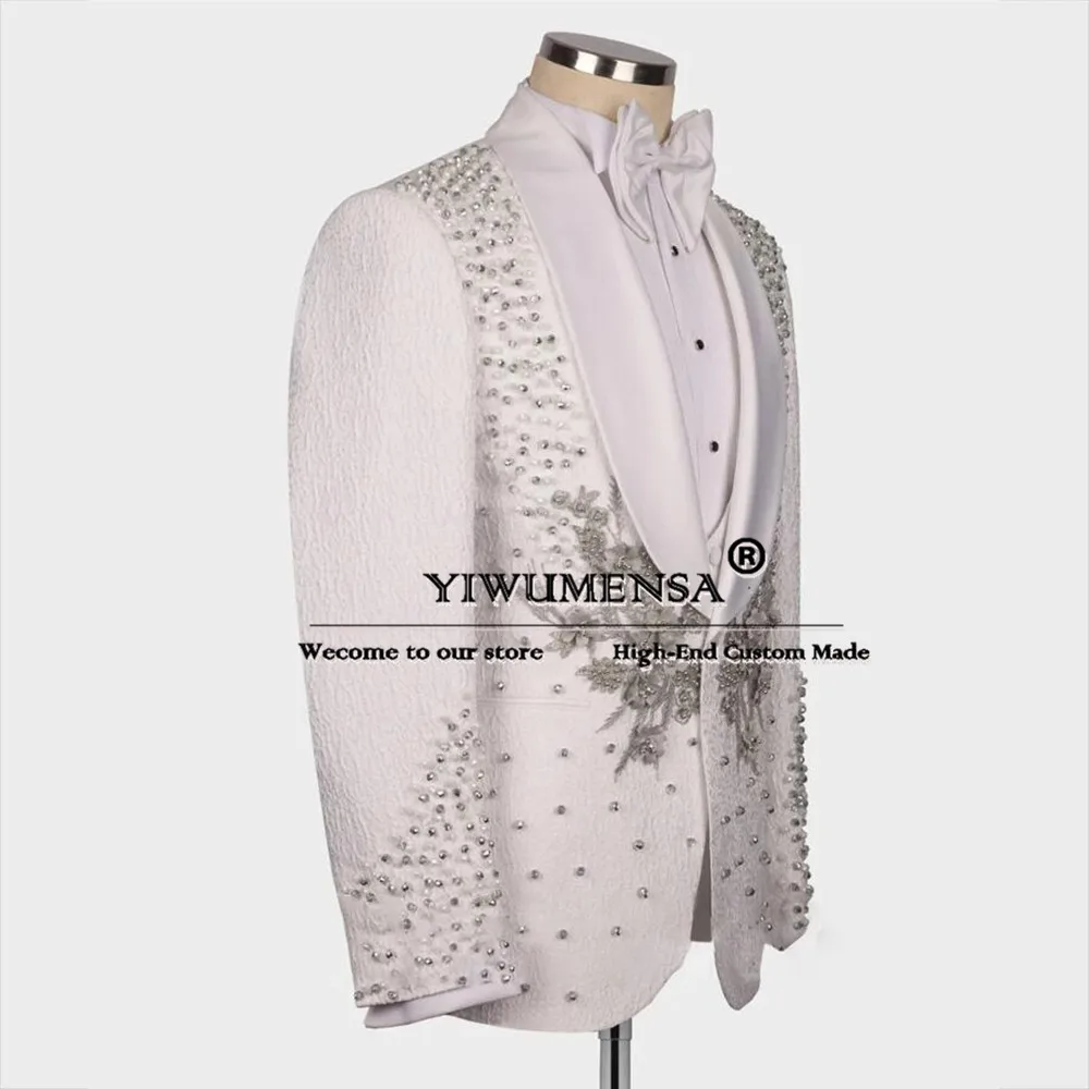 Vintage Jacquard Suits Men For Wedding Sliver Pearls Embroidery Prom Blazer Tailor-made Man Formal Party Groom Wear Tuxedo 2 PCS