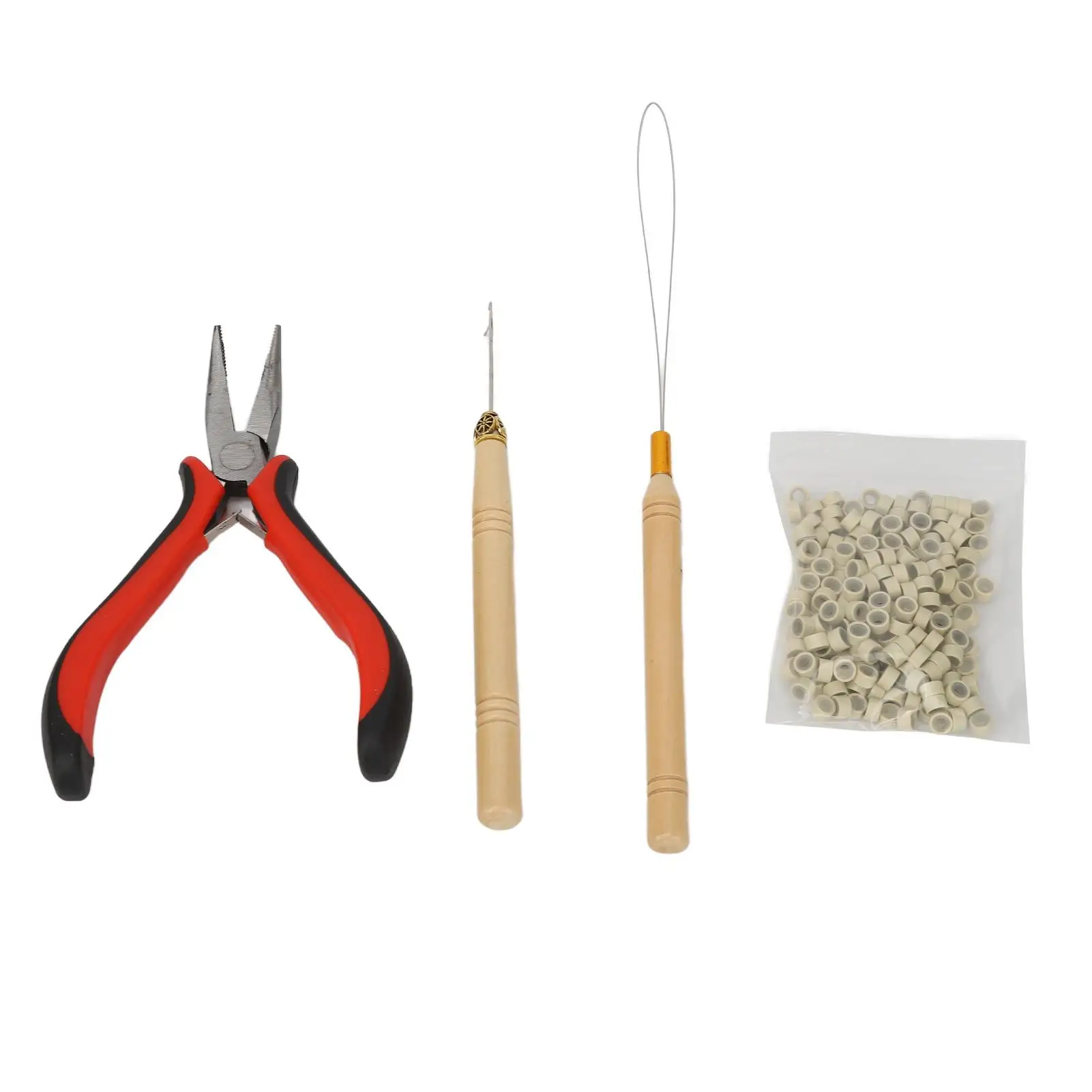 Complete Hair Extension Tool Kit: Plier, Crochet Hook, Pulling Needle, Silicone Ring Beads & Tinsel Styling Accessories