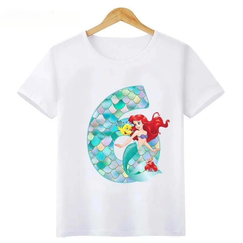 Cotton Princess Mermaid Graphic Girls Clothes Kids T Shirt Age 1 2 3 4 5 6 7 8 9 Years Birthday Number Bow Baby T-Shirts