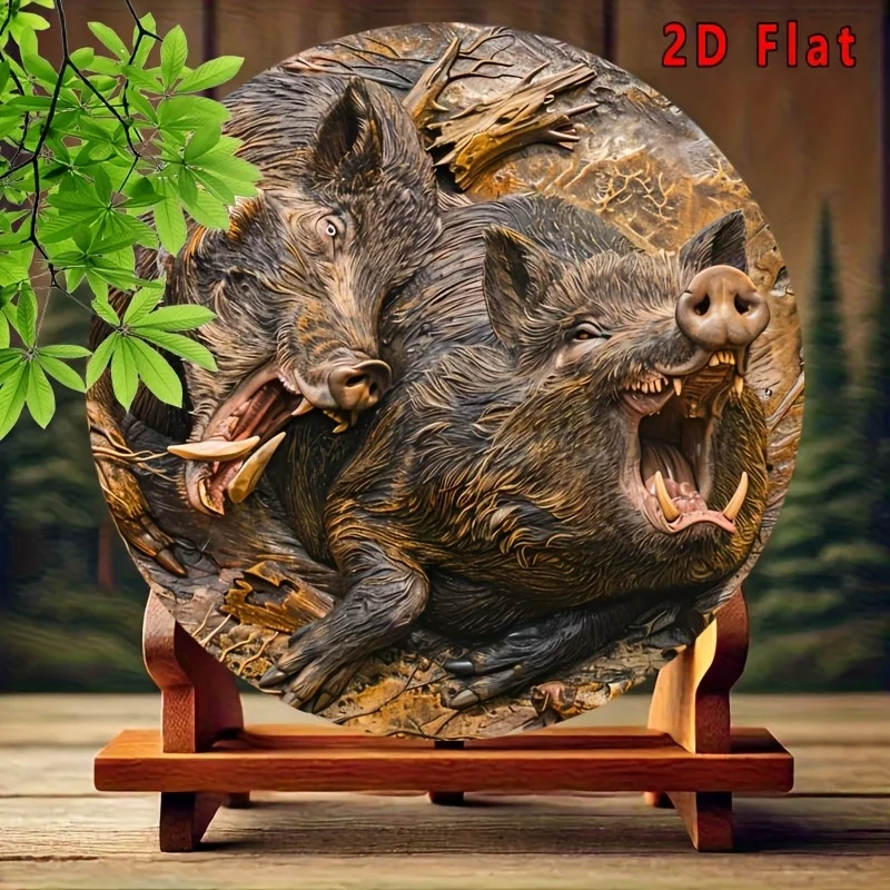 2D Flat, 2D Flat 1pc Vintage Festive Wild Boar Anger Wall Art - 20cm/8inch Aluminum Decorative Plate Decorative Sign, Perfect fo