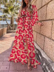 2025 Spring Summer Printed Long Dresses For Women Fashion V-neck Bohemian Beach Slit Dress Casual Vacation Ladies Maxi Vestidos