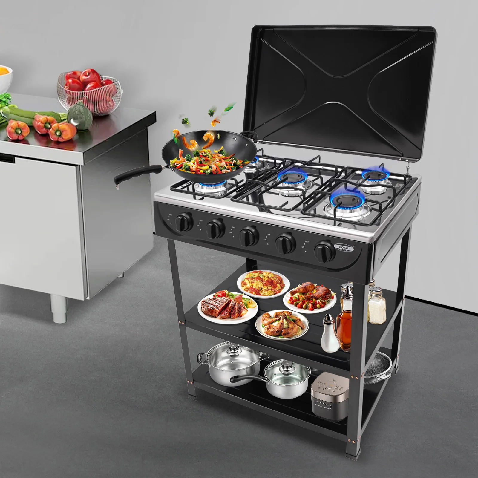 5 شعلات موقد غاز محمول موقد غاز البروبان الطبيعي مع لوحتين للوضع وأقدام غير قابلة للانزلاق للطهي في الهواء الطلق