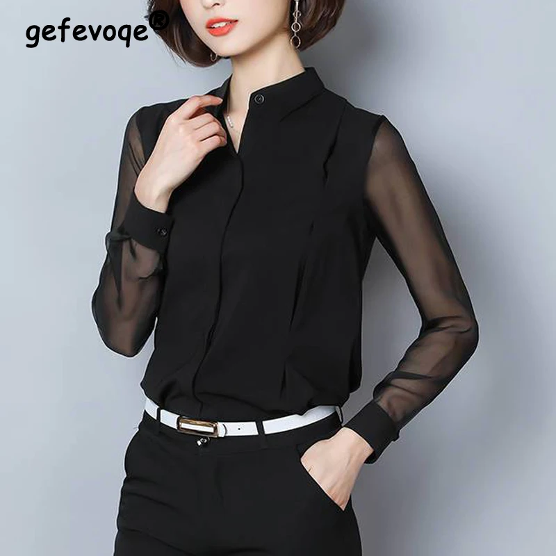 

New Sexy Sheer Black Slim Long Sleeve Elegant Stand Collar Office Lady Button Up Shirt Women Fashion Simple Commute Blouses Tops