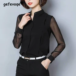 Neue sexy schiere schwarze schlanke Langarm elegante Stehkragen Büro Dame Button-up-Shirt Frauen Mode einfache Pendel blusen Tops