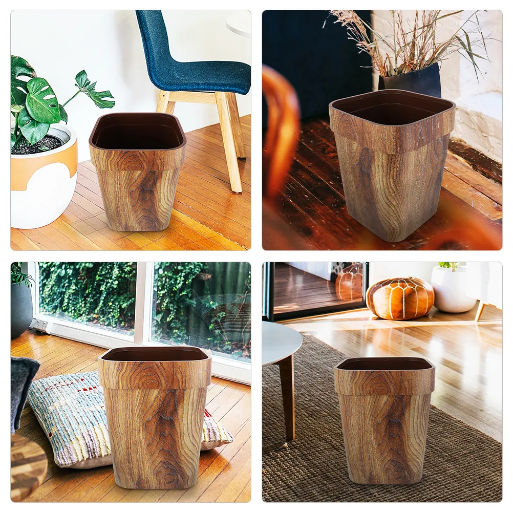 

Wood Grain Waste Basket Plastic Trash Can Household Multifunctional Desktop Trash Bin Reusable Home Office Storage Container