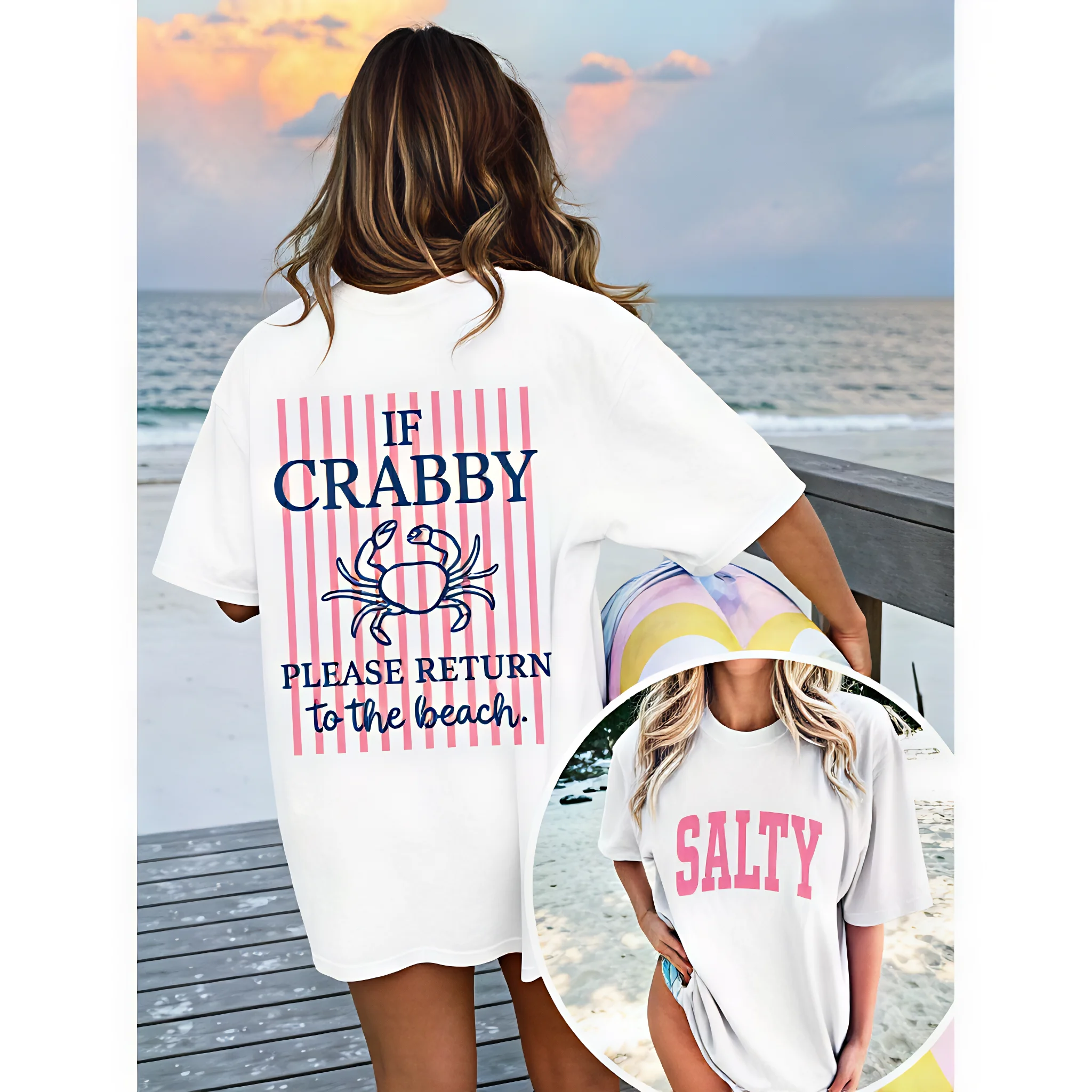 Women Summer 100% Cotton Crew Neck T‑Shirt, Vintage Striped Crab Salty Slogan Front & Back Graphic Print Tee, Preppy Casual Top For Beach Vacation Daily Wear