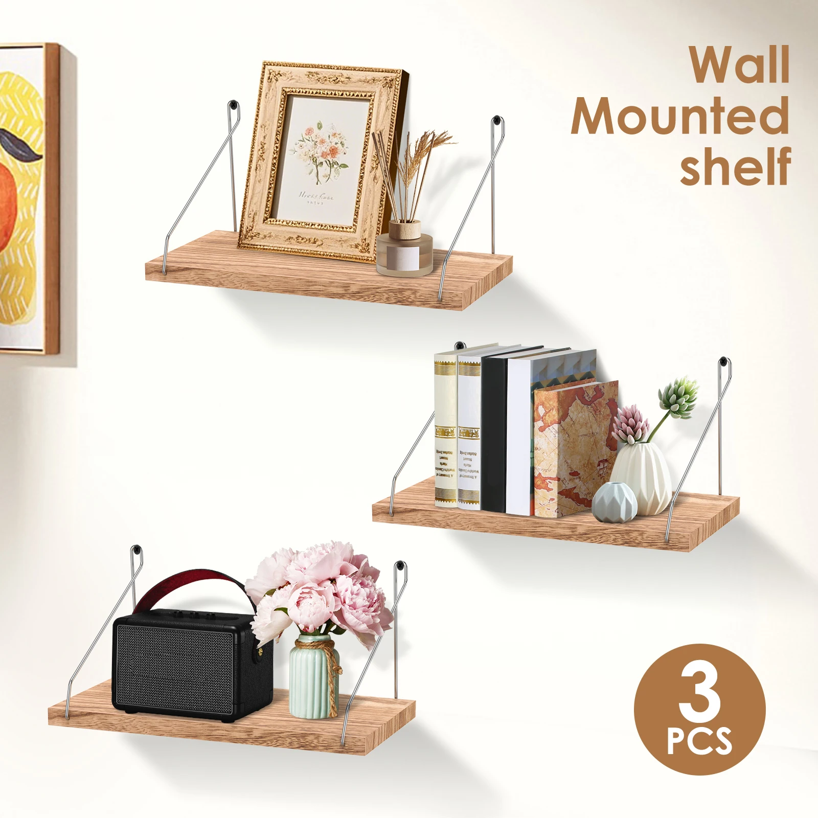 3 Pcs Wood Wall Mounted Floating Shelf Wall Shelves Organizer Books Photo Frame Plant Flower Pot Storage Rack Living Room Decor