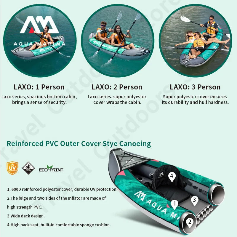 AQUA MARINA LAXO Inflatable Canoe Fun Water Kayak for 2 People 600D Polyester UV Protection Inflatable Kayak Fishing Paddle Boat