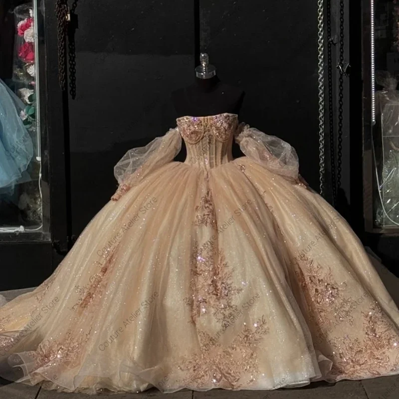 Ball Gown Quinceanera Dresses Princess Vestidos De 15 Anos Glitter Tulle Appliques Birthday Party Customized