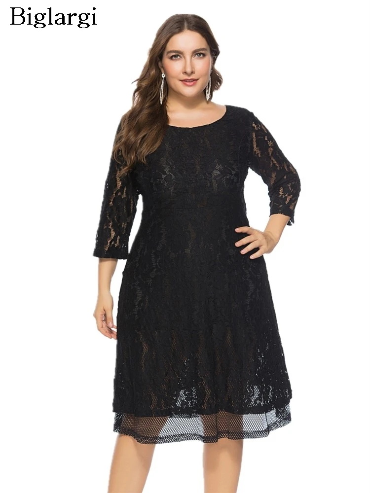 

Plus Size Summer Lace Midi Dress Women Elegant Fashion Hollow Out See Through Ladies Dresses Ruffle Pleated A-Line Woman Dress