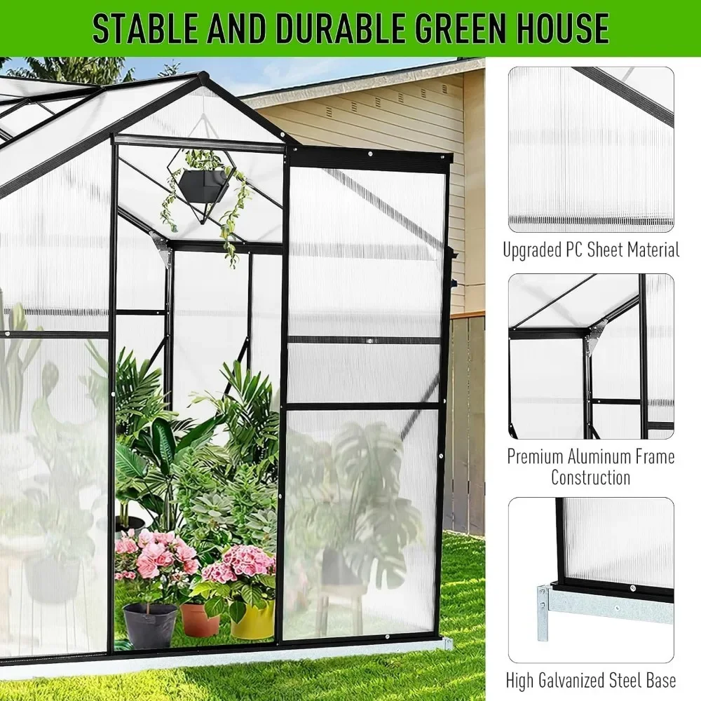 10x6 FT Polycarbonate Greenhouse Kit, Greenhouse for Outdoors with Sliding Door and Adjustable Vent Window, Aluminum Walk-in