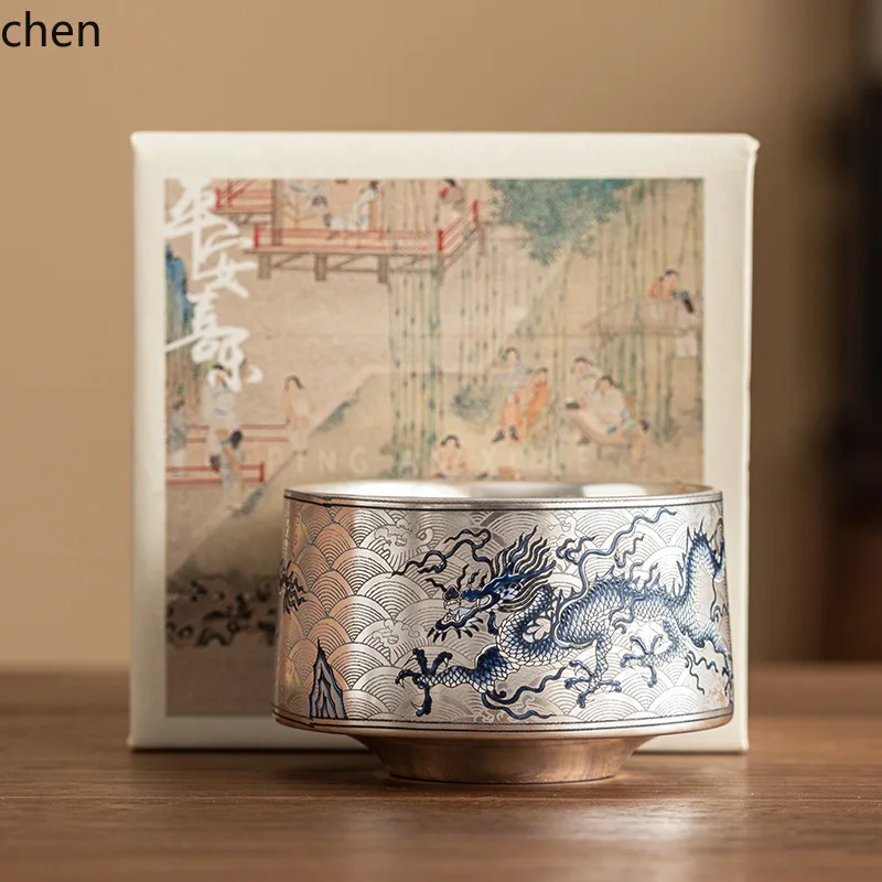 Cz  silver blue and white dragon pattern master cup single cup for home tea cup large capacity high-end ceramic kung fu tea set