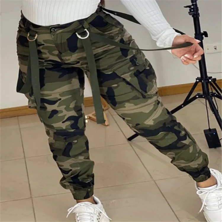 Camouflage bedrukte sportbroek dames hoge taille overall zakken 2021 mode militaire groene singels legging herfst