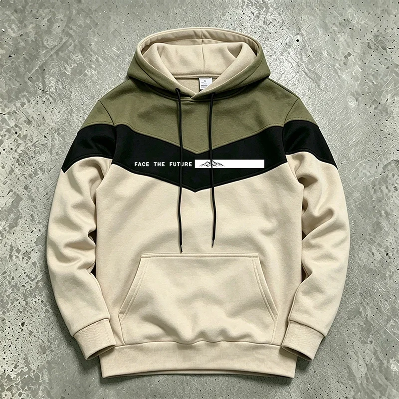 Versatile Men's Hoodies Casual Tricolor Splice Sweatshirts Outdoors Sports Jogging Clothing Autumn Winter Warm Street Sportswear