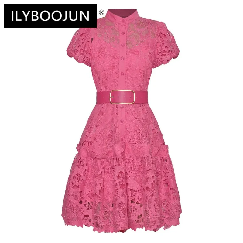 

ILYBOOJUN Summer High Quality Women Dress Princess Flowers Embroidery Hollow Out Sashes+Spaghetti Strap Dresses 2 Pieces Set