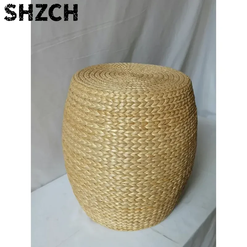Hand-Woven Rush Grass Stool Natural Rattan Seat with Wooden Frame Boho Farmhouse Home Decor Vintage Stool Rustic Furniture Gift