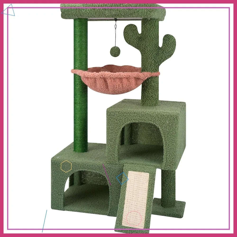 

Дерево-когтеточка для кошек Cactus Tower 37,4 дюйма с двумя домиками, когтеточкой, гамаком и игрушками для домашних кошек, зеленое