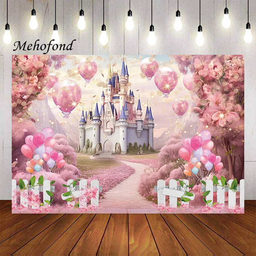 Mehofond Photography Background Pink Flowers Castle Balloon Princess Girl Birthday Party Portrait Decor Backdrop Photo Studio