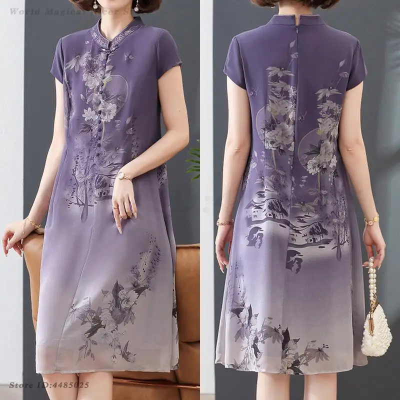 New Chinese Style Printed Flower Dress 2025 Summer New Retro Improved Cheongsam Big Size 3XL 4XL Traditional A-Line Qipaos