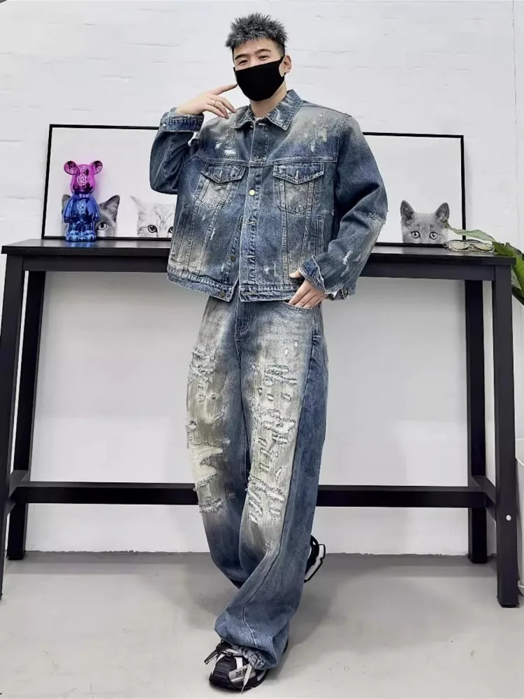 Spring Loose Fit Hip Hop Mens Short Demin Jacket Wide Leg Jeans Two Piece Set Vintage Design Hole Ripped Personality Mens Sets