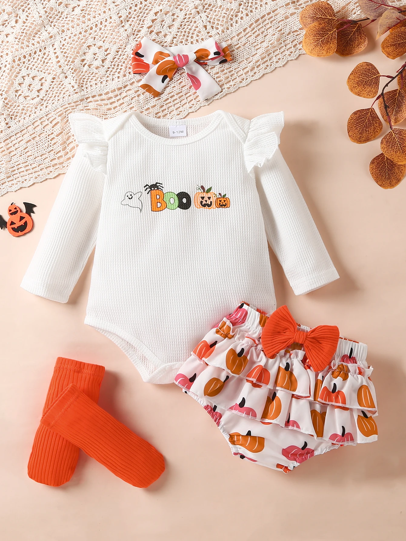 0-18 Months Newborn Baby Girl Outfits Cute Long Sleeve Bodysuit+Pumpkin Print Shorts+Headband+Stockings 4 PCS Halloween Costume