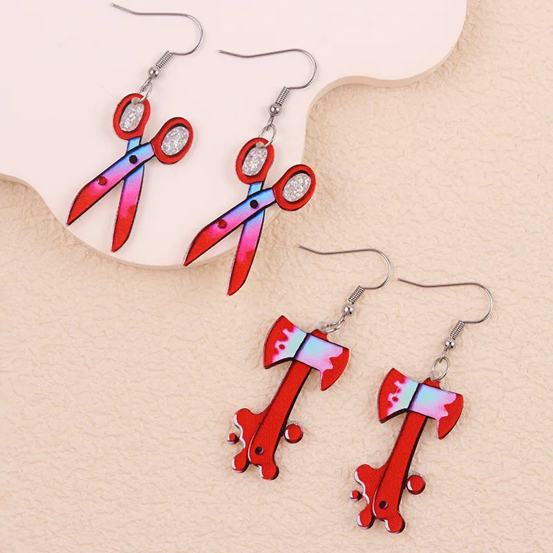 Pendientes de acrílico de Halloween de gran venta para mujer, diseño de tijeras y hacha en colores contrastantes, joyería personalizada para la oreja.