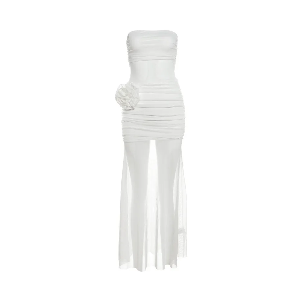

Korean Style Transparent Rose Long Dress High Waist Pleated Sleeveless Dress Thin Spicy Girl Tube Top Dress Party