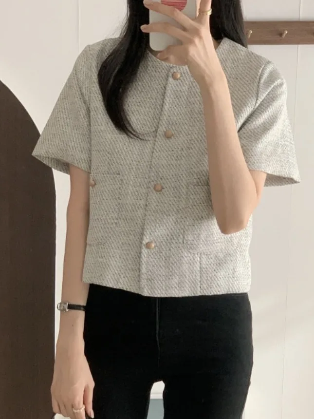 Korean Style round Neck Short Sleeve Suit Jacket Women's Retro Tweed Fashionable Single Button Shirt Gracious Atmosphere