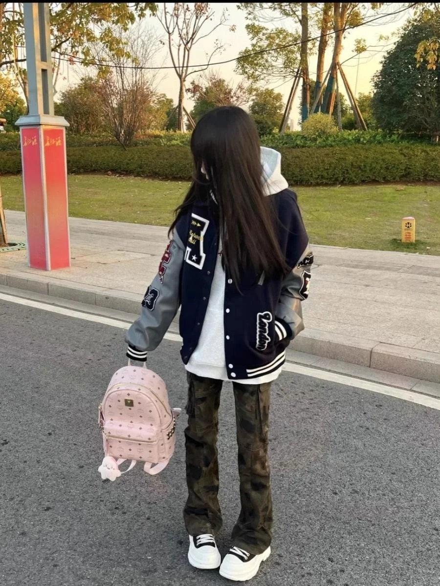 

Кожаное дэт с тяжелой вышивкой в стиле пэчворк на хлопковой подкладке Thiened, бейсбольное пальто для подростков, свободный крой, универсальный весенний джет