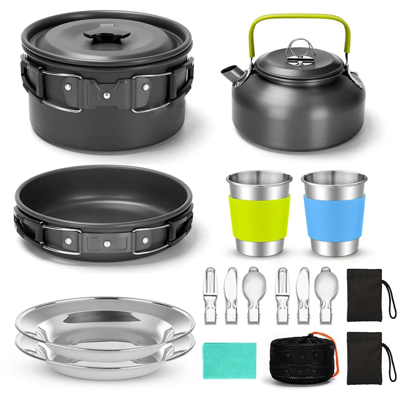 

Camping Cookware Mess Kit Non Stick Pot Pan Kettle Set Stainless Steel Cups Plates Forks Knives Spoons Outdoor Cooking Picnic