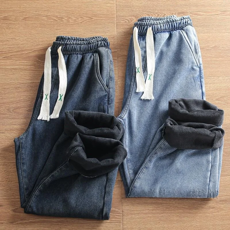 

Winter Thiened Waed Cotton Fce Lined Straight Leg Men's Jeans Casual Warm Windproof Faionable Long Pants
