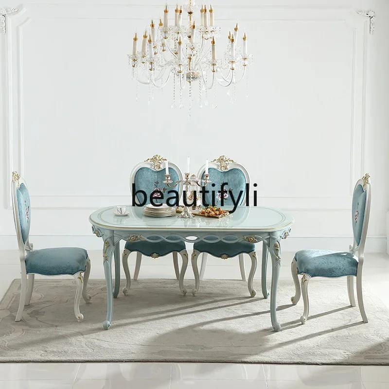 

French Pastoral 1.6M Oval Dining Table Blue European Dining Table And Chairs Non-custom Dining Table