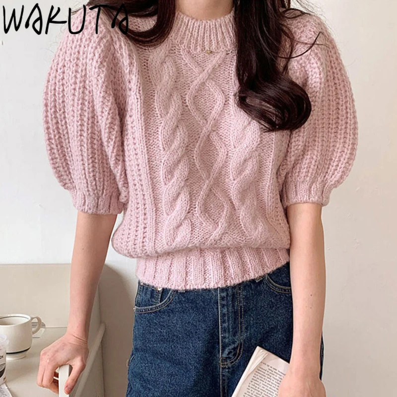 

WAKUTA Puff Short Sleeve Women Sweater Autumn Korean 2024 New Trendy Solid Color Loose O Neck Hemp Pattern Knitted Pullovers