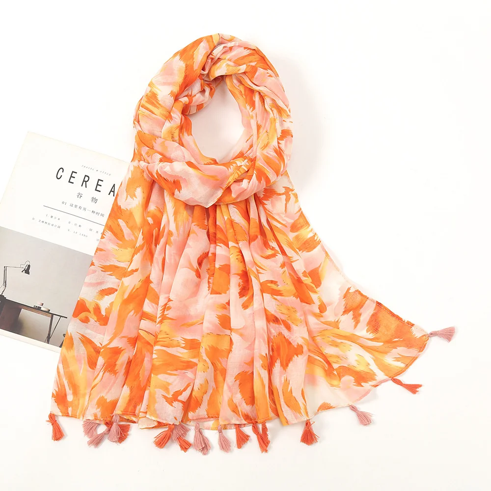 Simple elegant fresh, cotton and linen orange shawl Bohemian Lovely Floral Tassel Viscose Scarf Lady High Quality Hijab