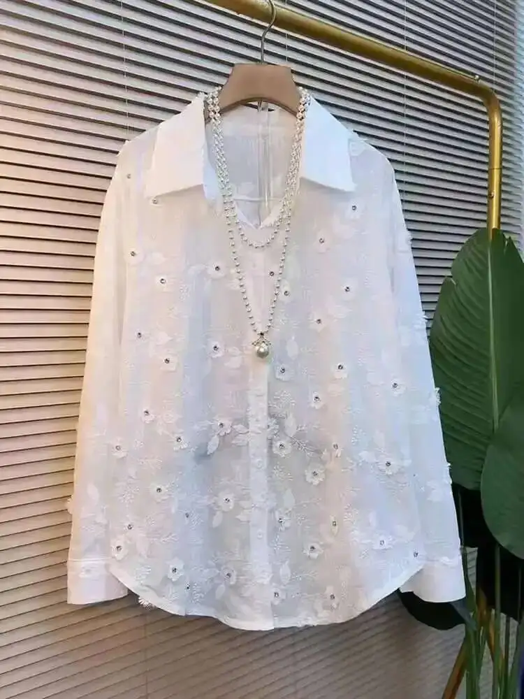 

Новые блузки на пуговицах с вышивкой Dias Wers, женские рубашки S с длинным рукавом, белая рубашка средней длины, топ