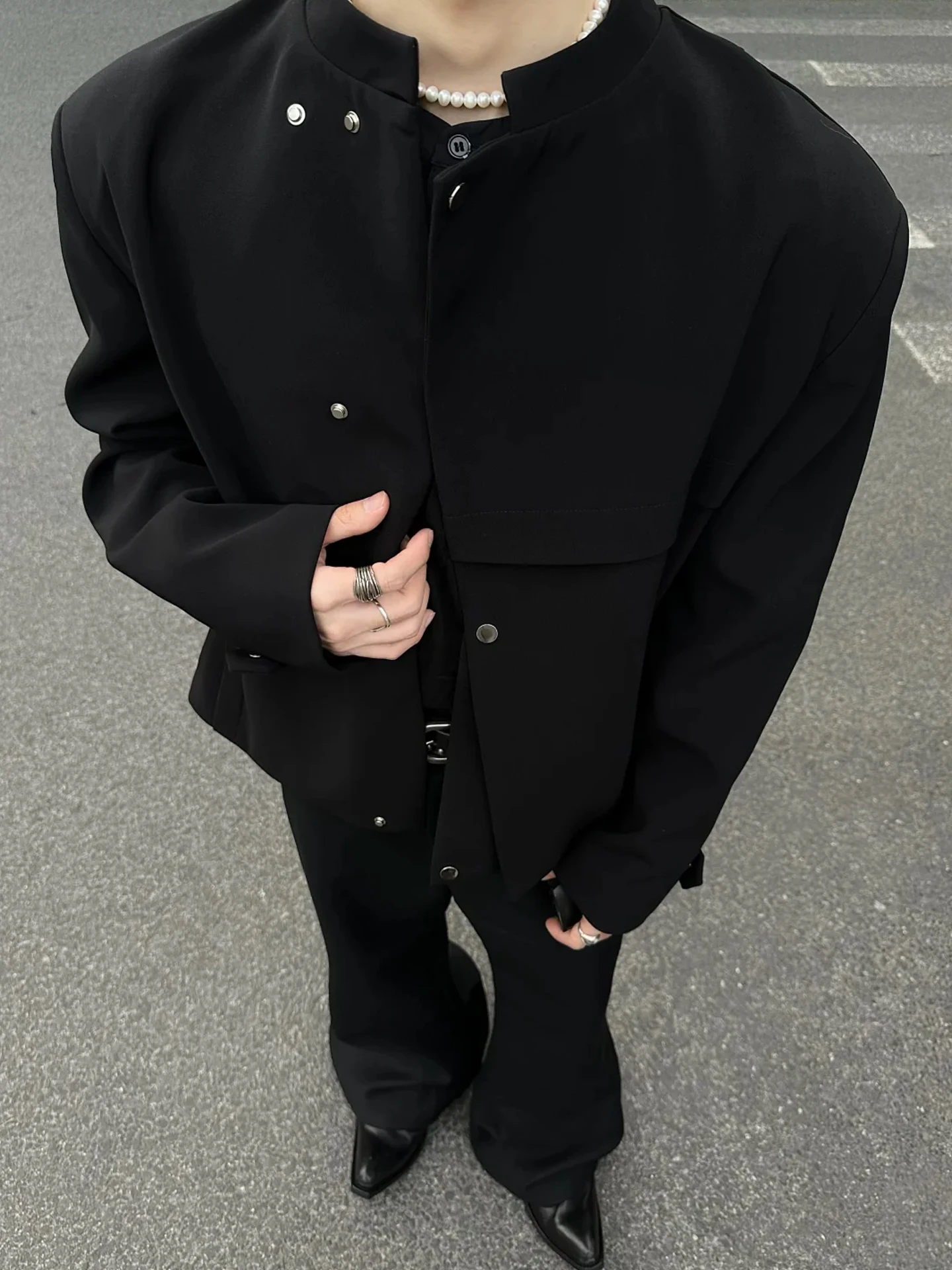 

New Chinese Sle oulder Pad Jaet Men's Casual Stand Collar CleanFit Haome Loose Fit Regular Sve Length Long Sve