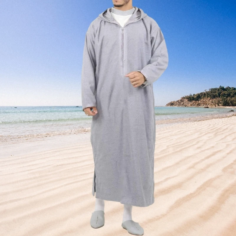 Mens Kaftan Hooded Robe Muslims Loungewear Long Shirt