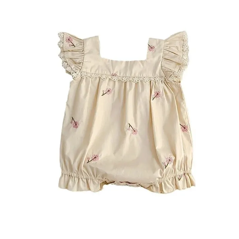 New Summer Collection: Newborn Girls\' Lace Flutter Sleeve Embroidered Floral Cotton Jumpsuits, Adorable Infant Bodysuits