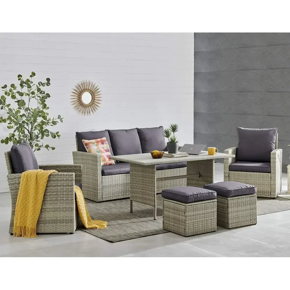 Space-Saving Outdoor Patio Dining Set with 6 Cushioned Rattan Chairs and Grey Table