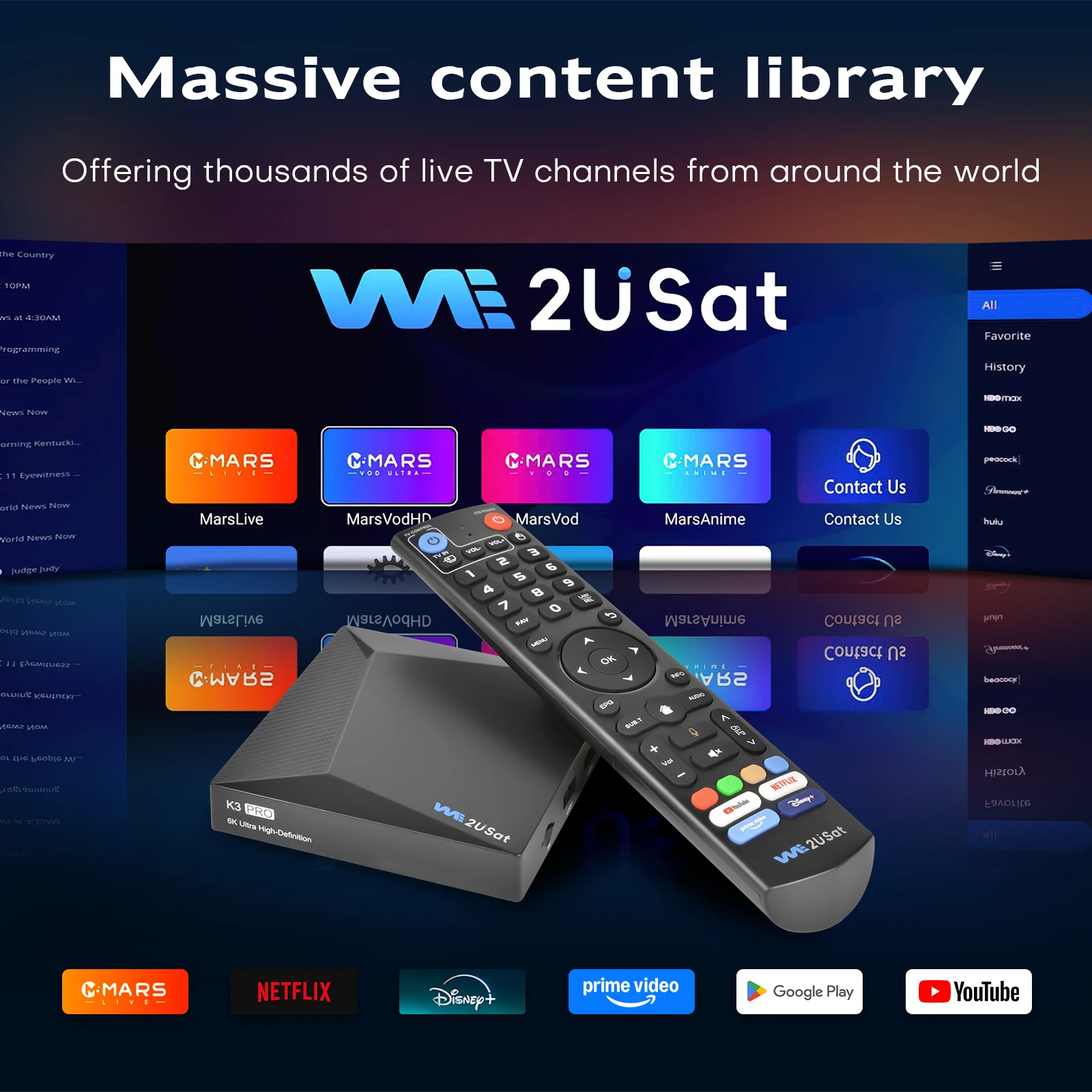 جهاز استقبال الأقمار الصناعية We2uSat K3 Pro 6K HDR Android 10.0 H.264/H.265 Smart TV BOX 2.4G/5G WIFI BT 5.0