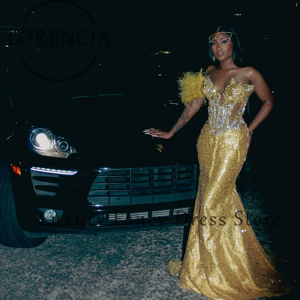 مثير كريستال فساتين لحضور الحفلات الموسيقية 2025 الترتر ريشة حورية البحر مساء رداء حفلات مأدبة مخصصة بلا أكمام vestidos largos fiesta