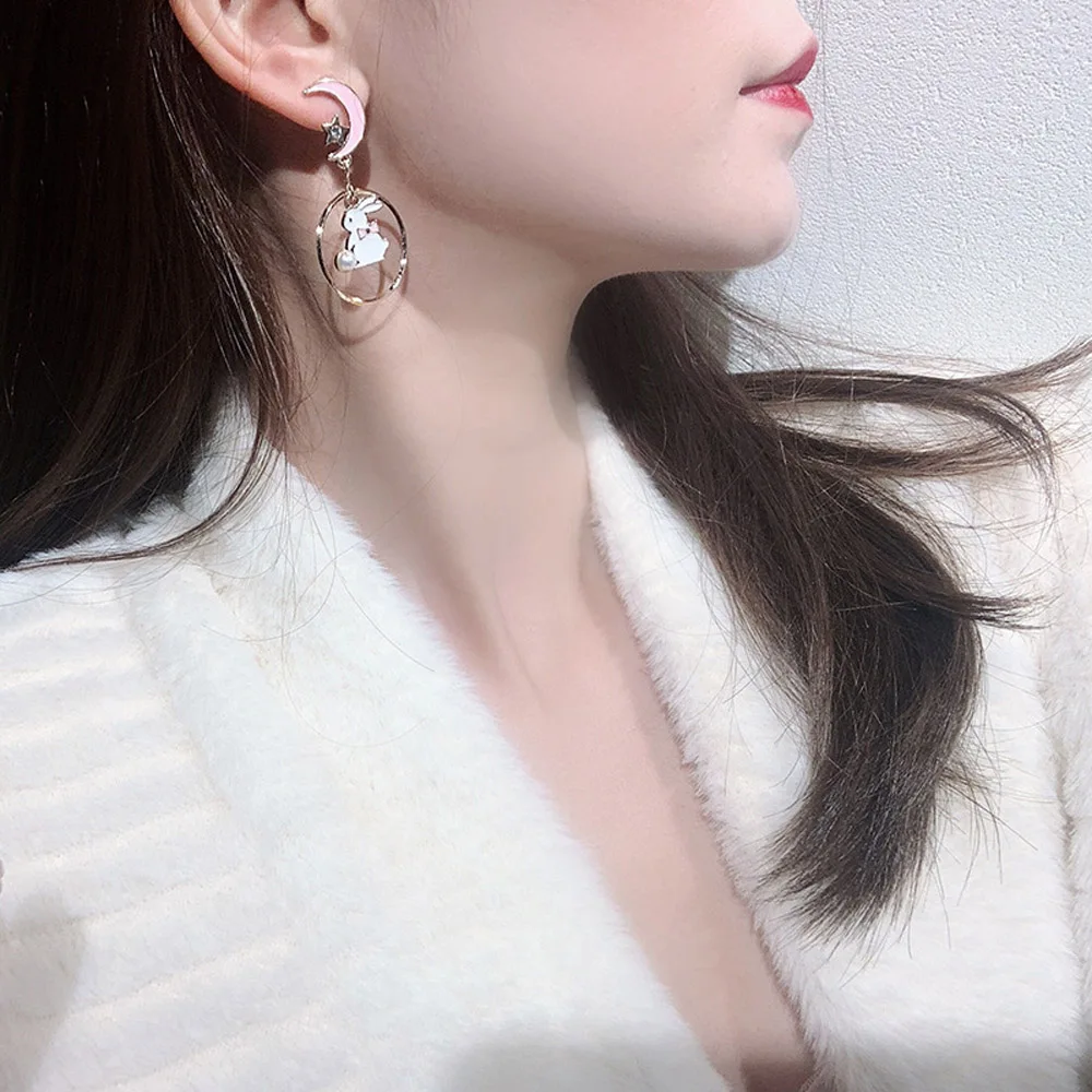 Ins Cute Moon Pink Korean Enamel Rabbit Drop Earrings Asymmetric Earrings Anti Allergy