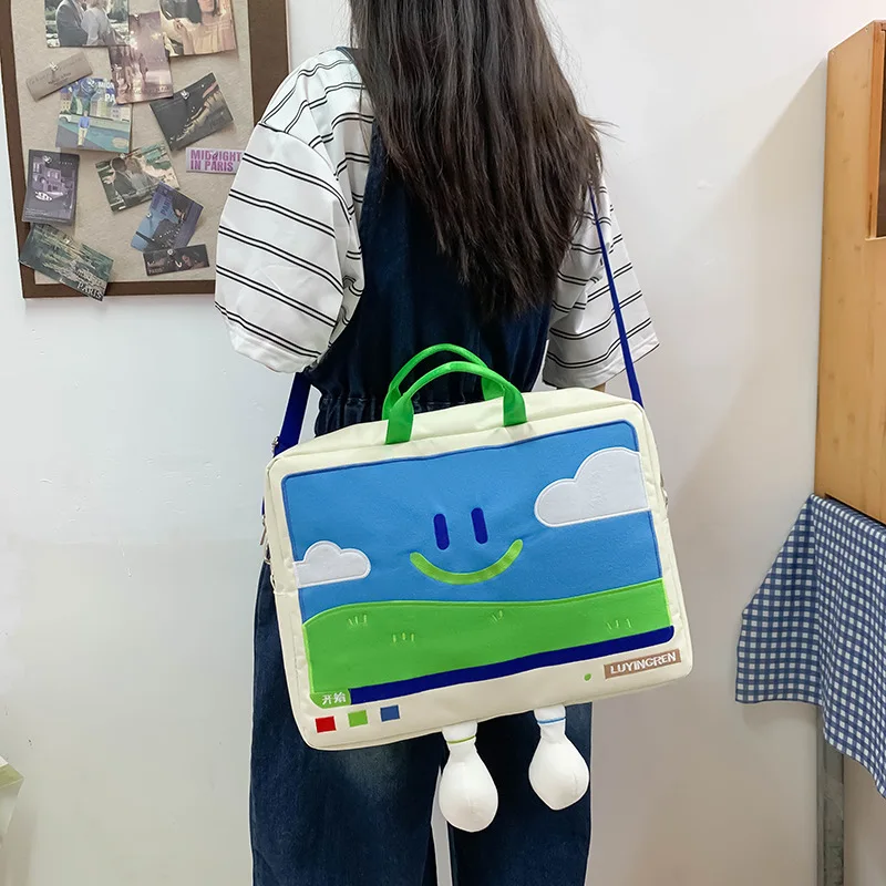 Borsa a tracolla con volto sorridente simpatico cartone animato per studenti Borse per laptop ricamate all-match Borse versatili di grande capacità alla moda
